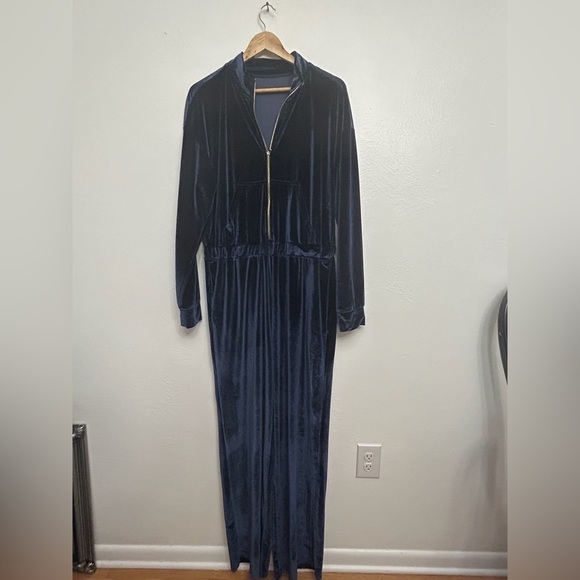 Fabletics Dark Navy Blue Zipper Front Wide Leg Velour Jumpsuit Size XXL - Picture 3 of 14
